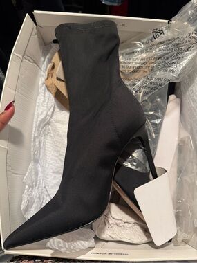 Black Pointed Stiletto Sock Boot - Stretch Heeled Ankle Boot